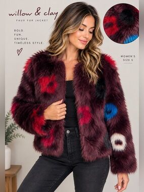 Willow & Clay Faux Fur Jacket Women’s Small Burgundy/Wine Patchwork Cropped